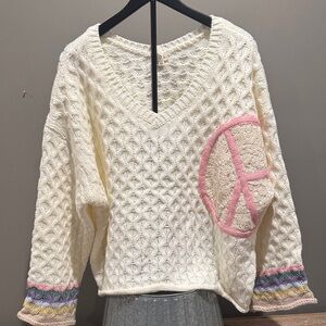POL White oversized V-Neck Sweater with Pink Peace Sign